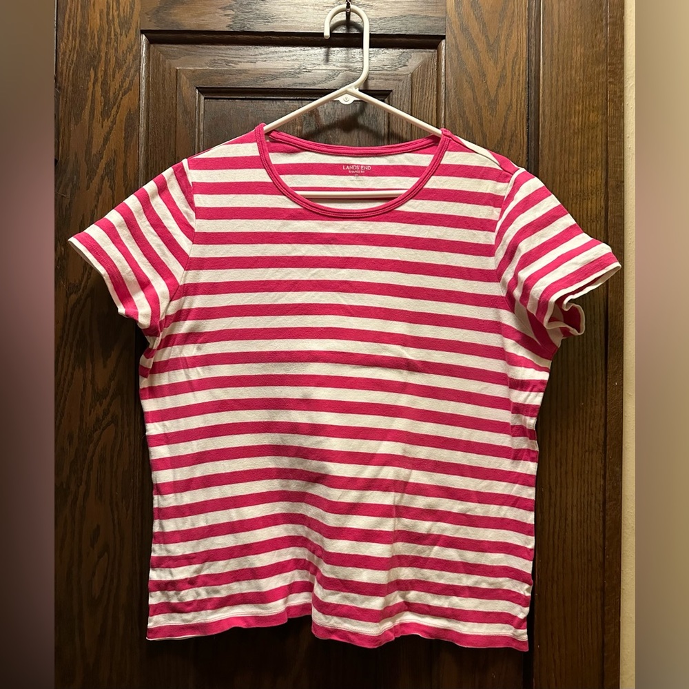 Land’s End Women’s Short-sleeved Pink/White Striped Tee, Size XL